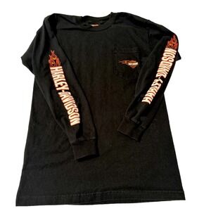 2006 HD Harley Davidson BLACK Embroidered Spellout w/ Flames LS Mens T-Shirt MED